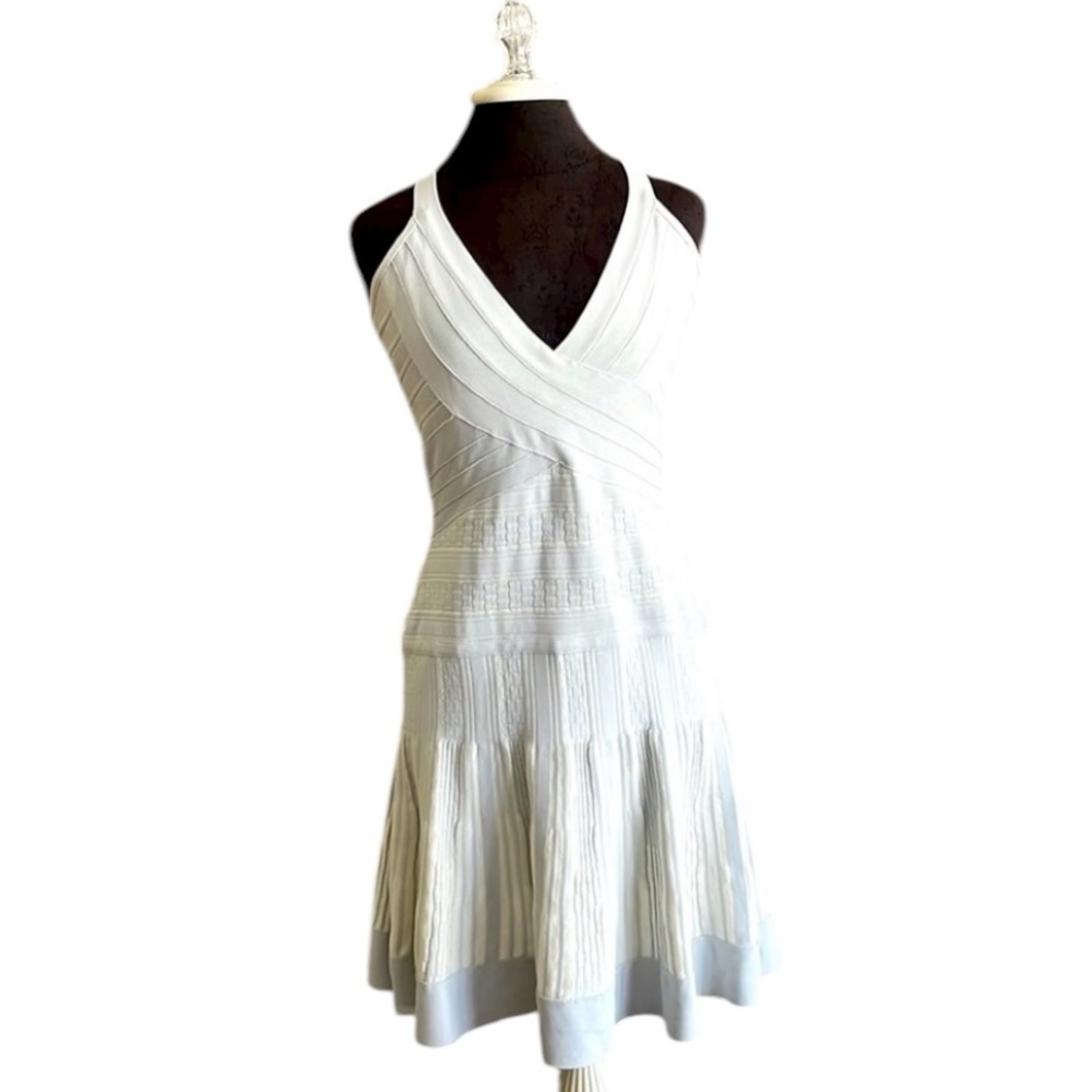 Herve Leger Pearl Blue Thana Textured Jacquard Yarn Bandage dress